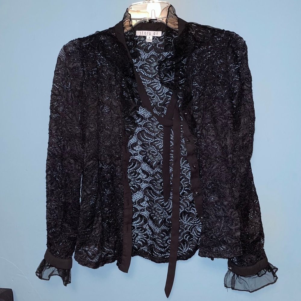 Story On Button Up Lace Long Sleeve Blouse with Tie Neckline Size Small